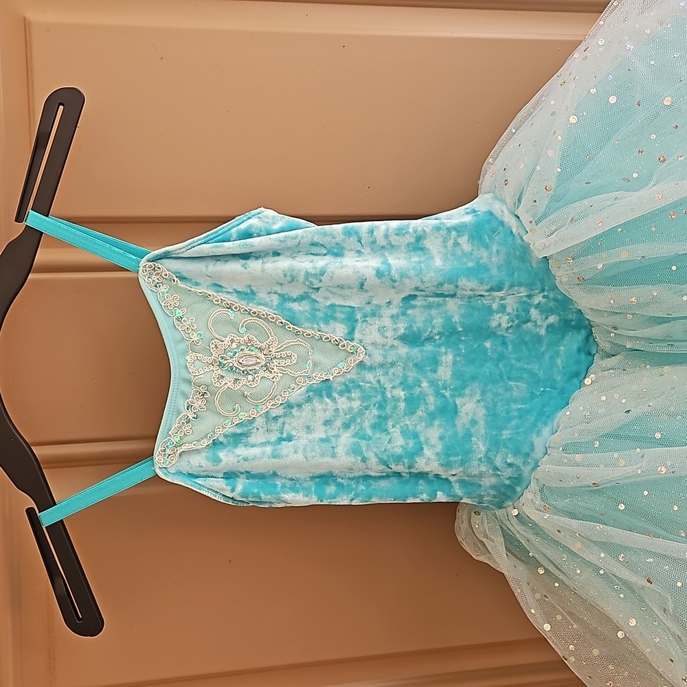 Aqua blue velvet & tulle dance costume, girls medium